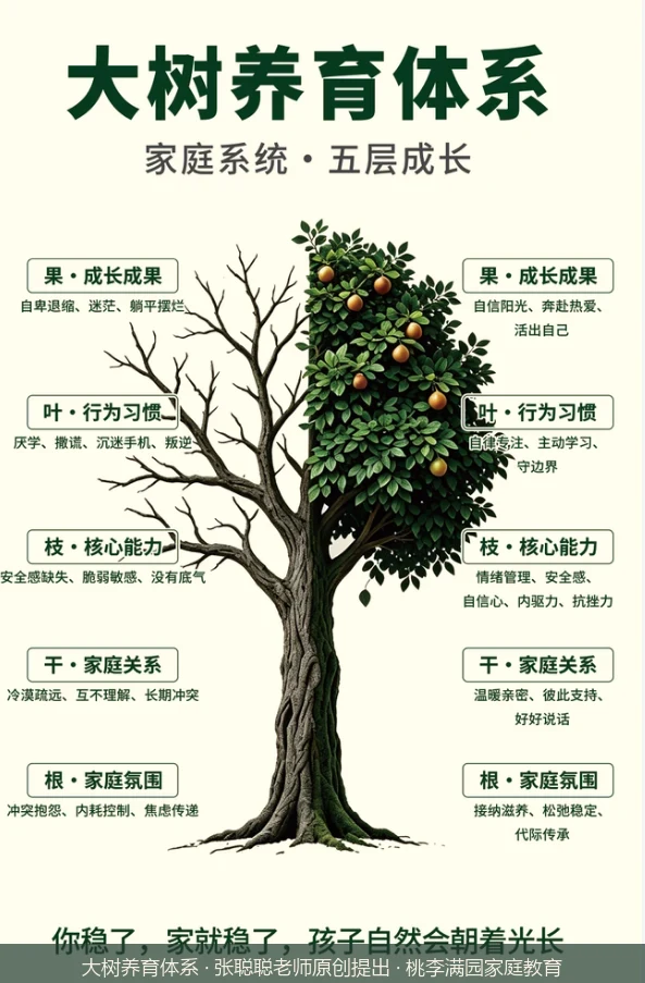 大树养育体系五层模型：左枯右荣对比图